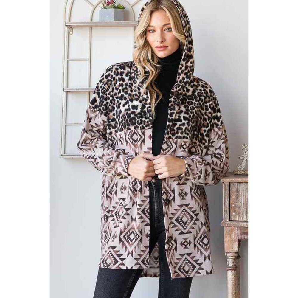 EJ6720-15 AZTEC AND ANIMAL LEOPARD BUTTON DOWN SHACKET: 2-2-2 (1X-2X-3X) / BROWN - Picture 12 of 12